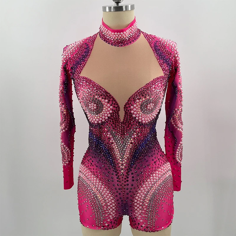 

sparkle Full rhinestones jumpsuit sexy pink pearl bodysuit club party birthday spandex leotard drag queen DS pole dance clothing