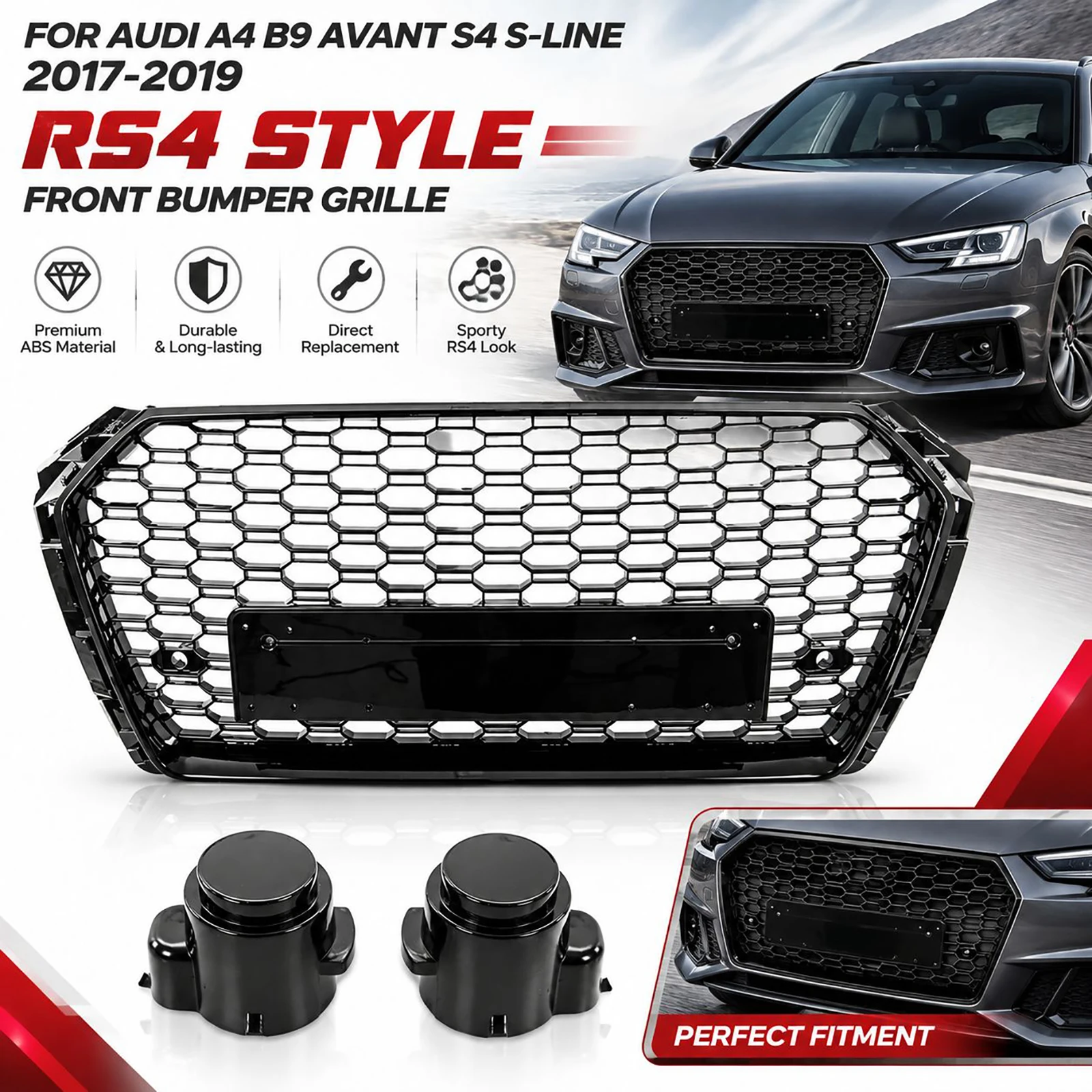 Glänzend Schwarzer Wabengrill für Audi A4 B9 Avant S4 S-line 2017-2018 2019 RS4-Stil