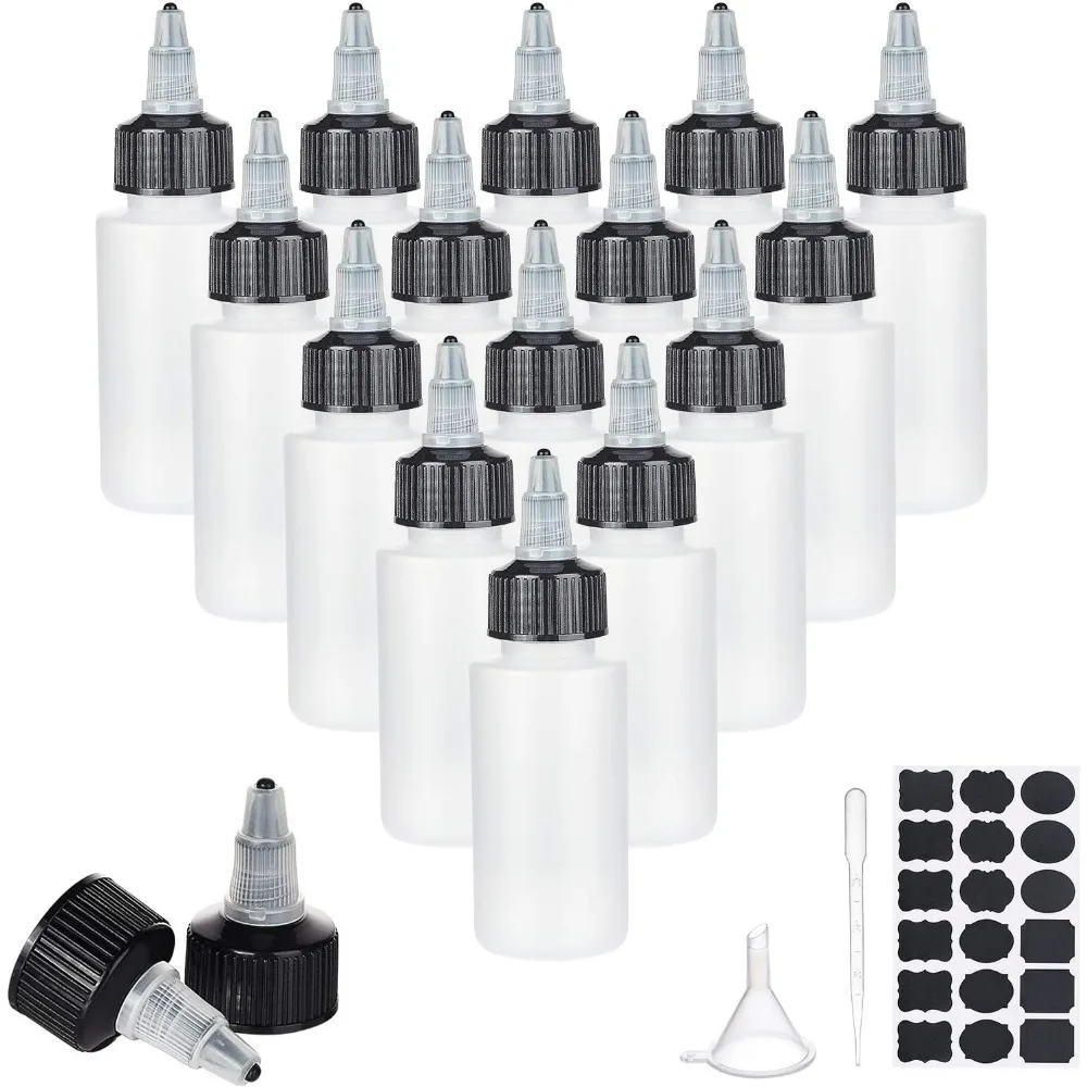 20 Pack 2oz Squeeze Bottle Plastic Empty Dispensing Bottle with Twist Top Caps with Sticker Pipettes and Funnel Hopper for Hair