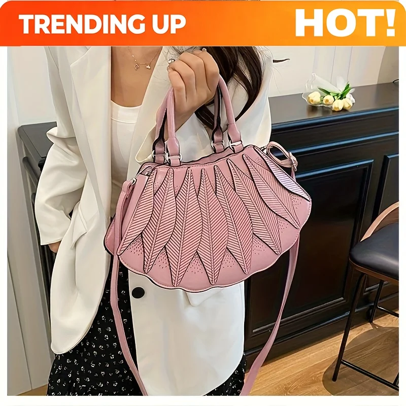 Cross-Border Bestseller Saddle Bag, High-End Texture Shell Bag, Stylish Spliced Handbag,  Leaf Bag, Versatile Single-Compartment