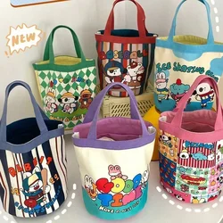 Canvas Bucket Bags Cute Graffiti Children's Fun Illustration Hand-held Round Bucket Mommy Storage Bag Bento Bag Small Handbags