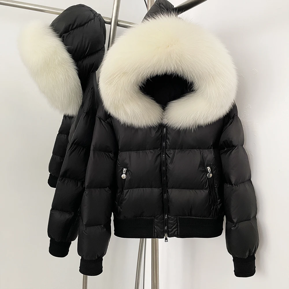 Women New Winter Real Fur White Duck Down Coat Big Natural Raccoon Fur Fluffy Puffer Jacket Knit Cuff Real Fur Collar Top Jacket