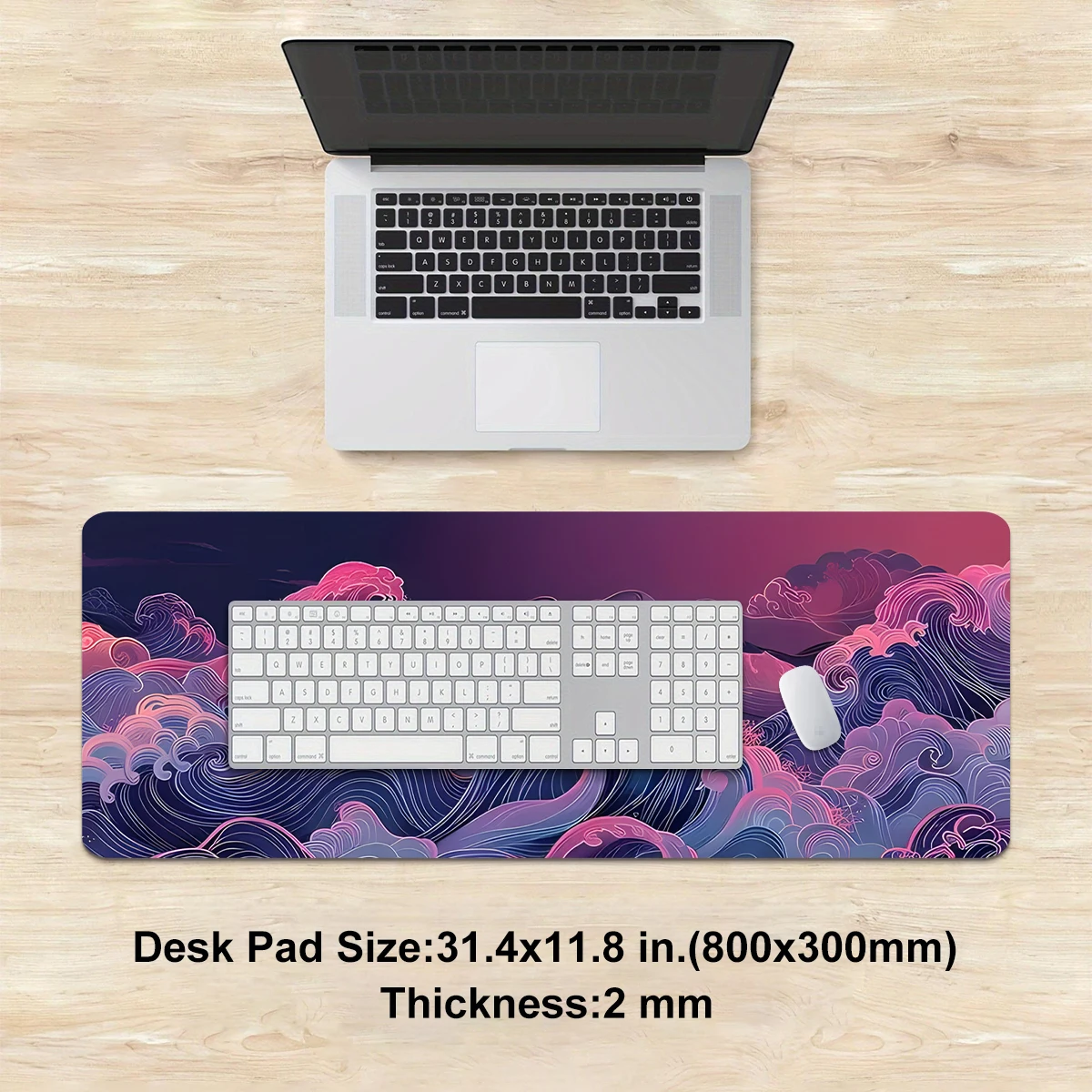 판타지 핑크-퍼플 오션 웨이브 마우스 패드 멀티 사이즈 세탁 가능 미끄럼 방지 스티치 엣지 컴퓨터 키보드 데스크 매트 게임용 사무실용