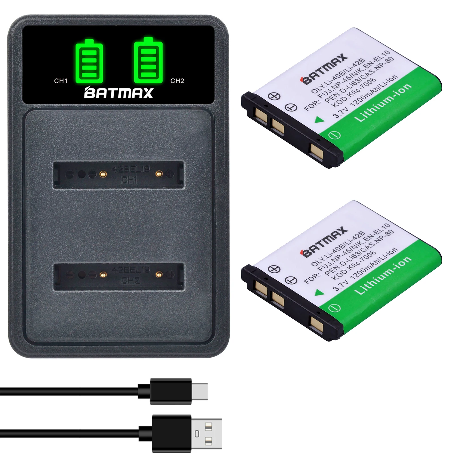 Batmax Li-40B Li-42B Battery+LED Dual Charger for Fujifilm NP-45a,NP-45,NP 45S,for Nikon EN-EL10,for Nikon CoolPix S60