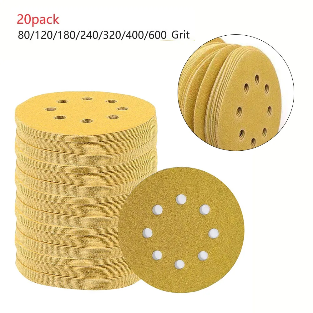 20pcs 5 Inch 8-Hole 125mm Sanding Discs Sanding Polishing Sandpaper Grit 80/120/180/240/320/400/600 For Metal Polishing