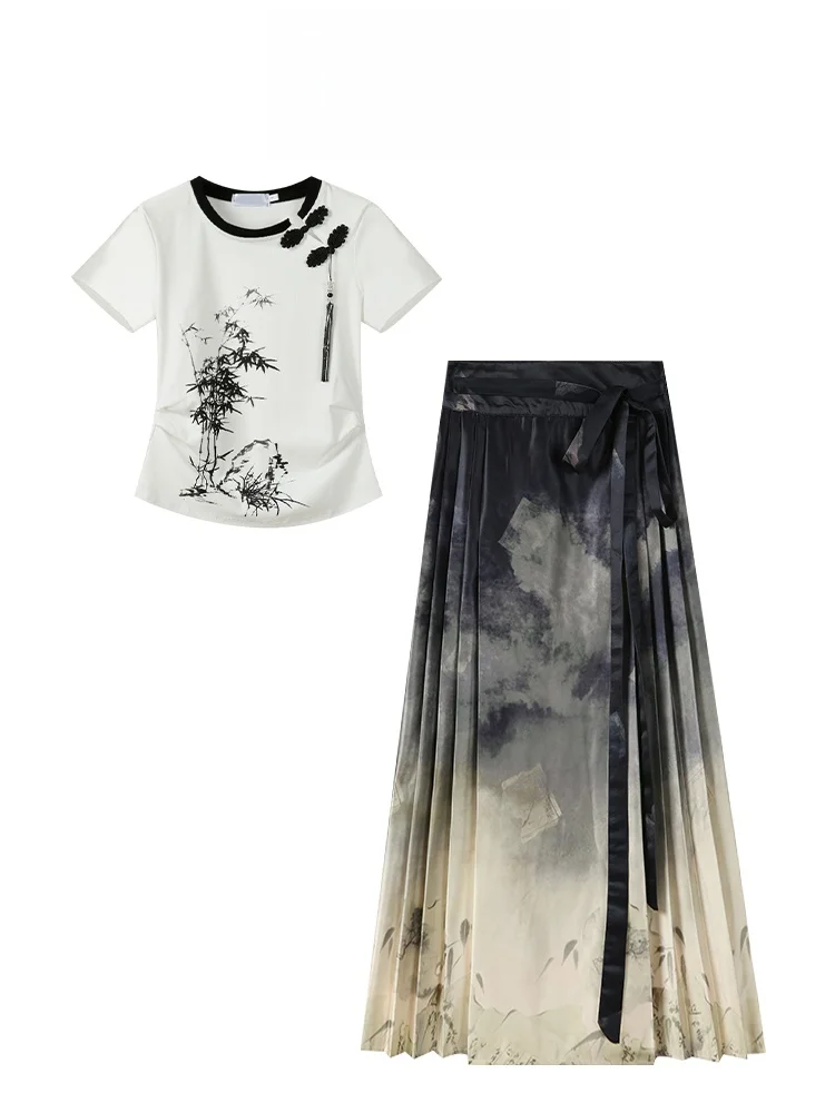 

Anti-Aging Matte Fini T-irt Chinese Sle Watercolor Print Skirt Set Faionable Ensemble for Younger Looking Appearances