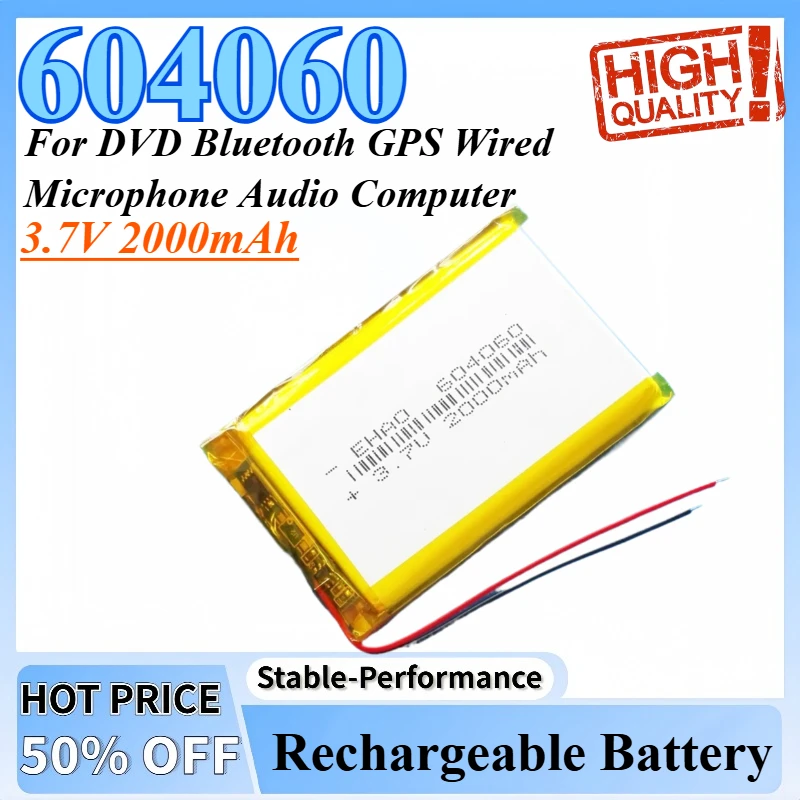 

604060 3.7V 2000mAh Lithium Polymer Rechargeable Battery Lipo Cell Replace For DVD Bluetooth GPS Wired Microphone Audio Computer