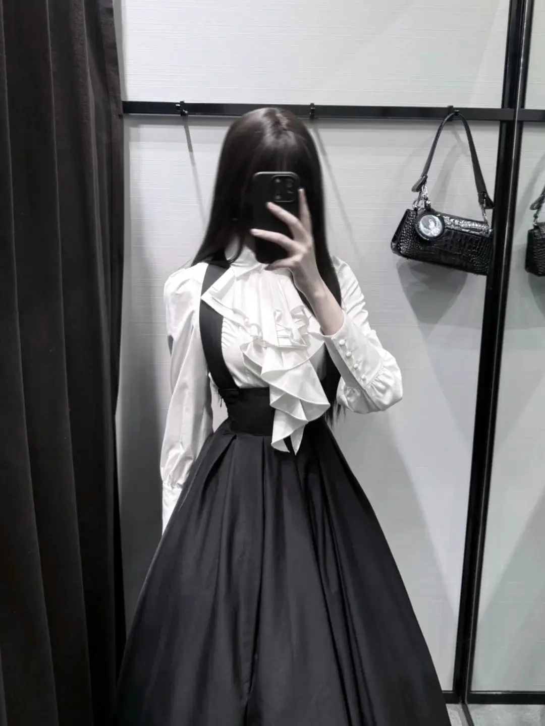 

SOIOMES Black Iris Lolita Strap SK Gothic Lantern Sleeve Long Sleeve Shirt Two Piece Set