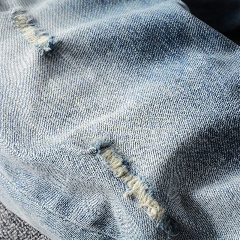 Streetwear Fashion Men Jeans High Quality Retro Light Blue Stretch Slim Fit Frayed Ripped Jeans Men Vintage Designer Denim Pants