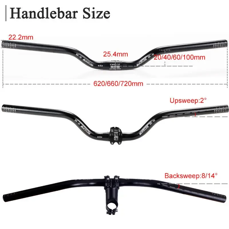 BUCKLOS 25.4mm Handlebar 620mm 660mm 720mm Mtb Handlebar 20mm 40mm 60mm 100mm Riser Bar for Mountain Bike Aluminum Bicycle Parts