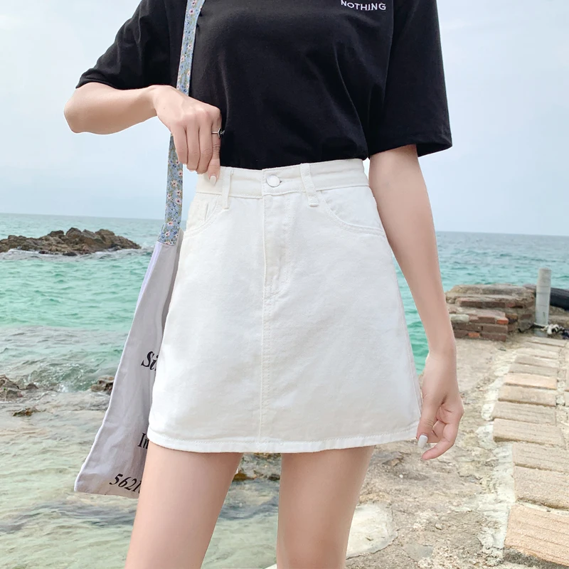Gonna di jeans a vita alta Gonne a trapezio svasate bianche estive da donna Gonne di jeans di cotone alla moda Gonne aderenti