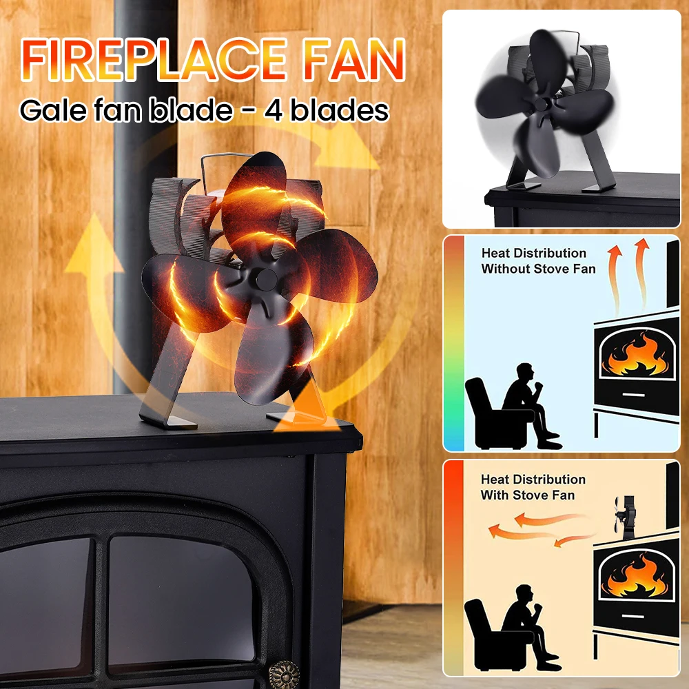 Stove Fan Heat Powered Fireplace Fan Log Wood Burner Eco-fan Quiet 4 Blades Fireplace Fan Home Winter Warm Heat Distribution