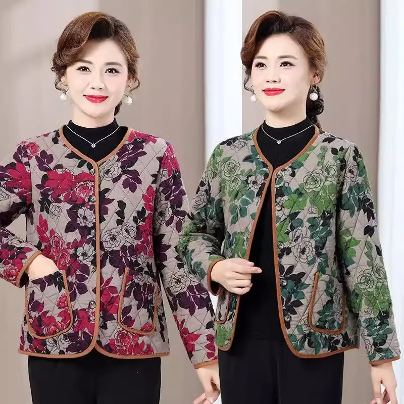 2024 Spring Autumn And Winter Floral Cotton Jacket For Women Warm Top Round Neck Long Sleeve Casual Quilted Coat Z4999