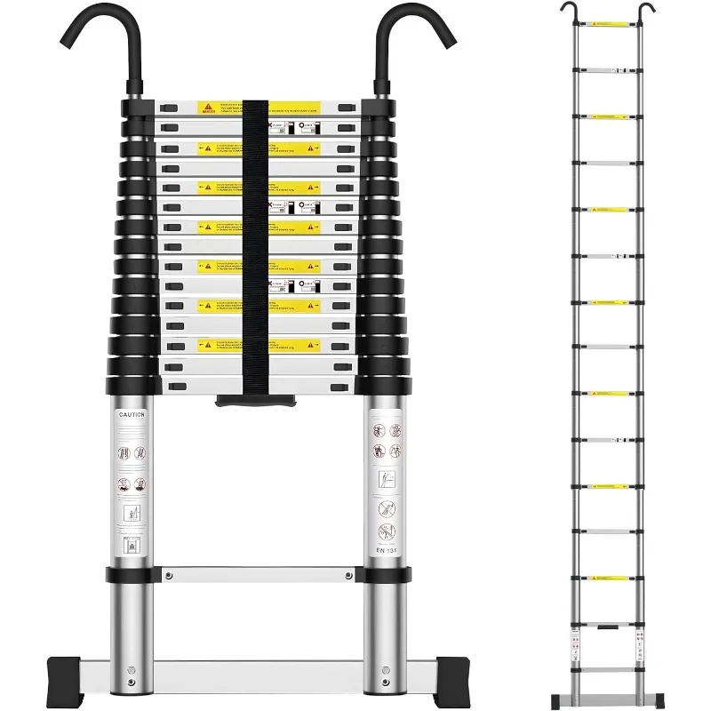 Telescoping Ladder, 20.34 FT Aluminum Extension Ladder with 2 Detachable Hooks, Portable Attic Ladder, Heavy Duty 330lbs