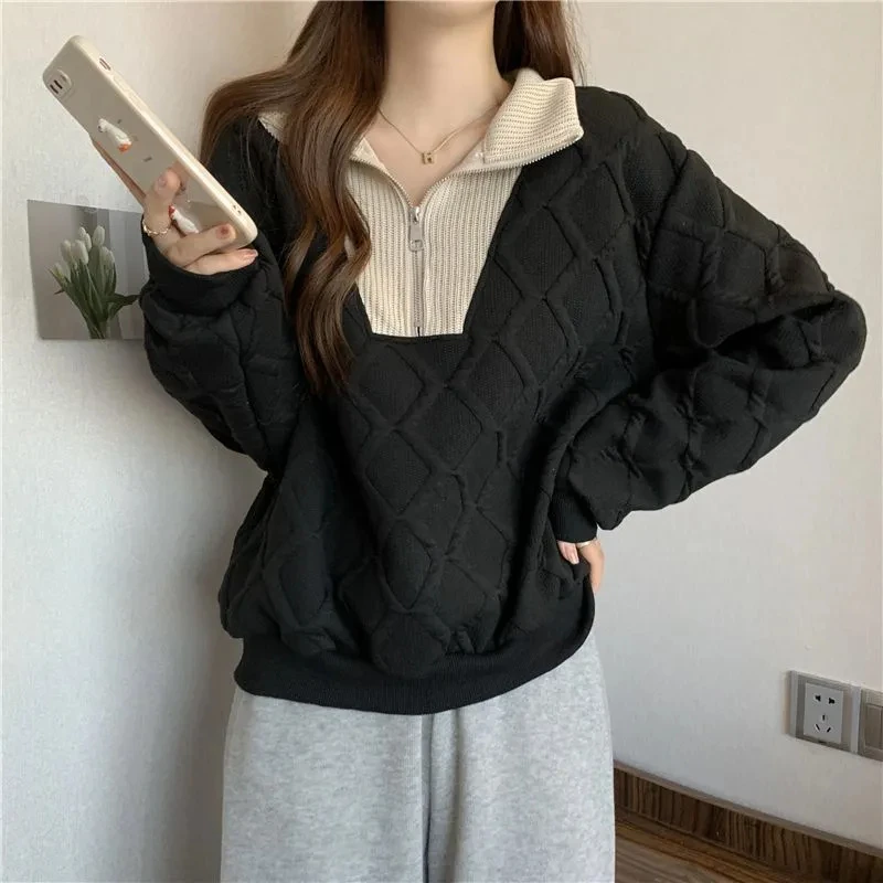 Women Contrast Color Casual Streetwear Half Zipper Chic Sweatshirts New Autumn Winter Trendy Y2K Long Sleeve Loose Pullover Tops