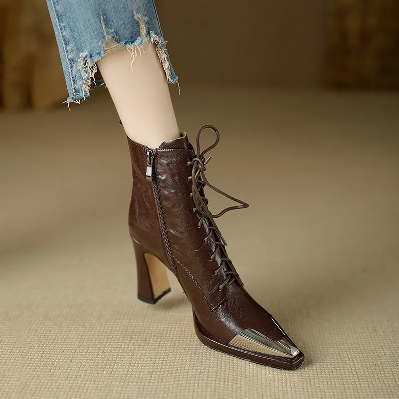 2024 Jesienne buty damskie Square Toe High Heel Women Leather Shoes Women Suede Ankle Boots Winter Solid Elegant Modern Boots