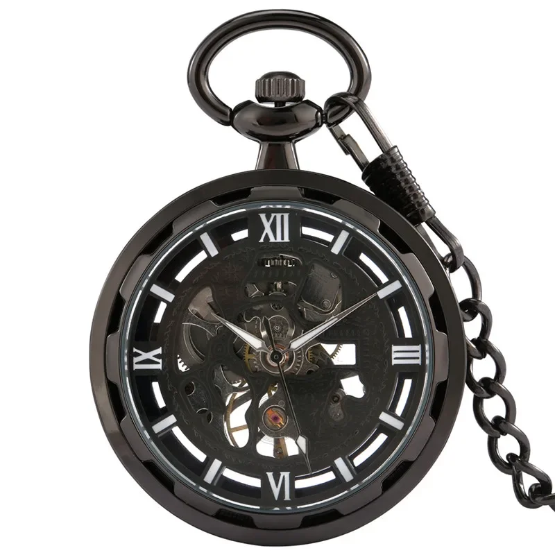 Steampunk Black Roman Numerals Dial Unisex Handwinding Mechanical Pocket Watch Open Face with Pendant Chain Timepiece Gift