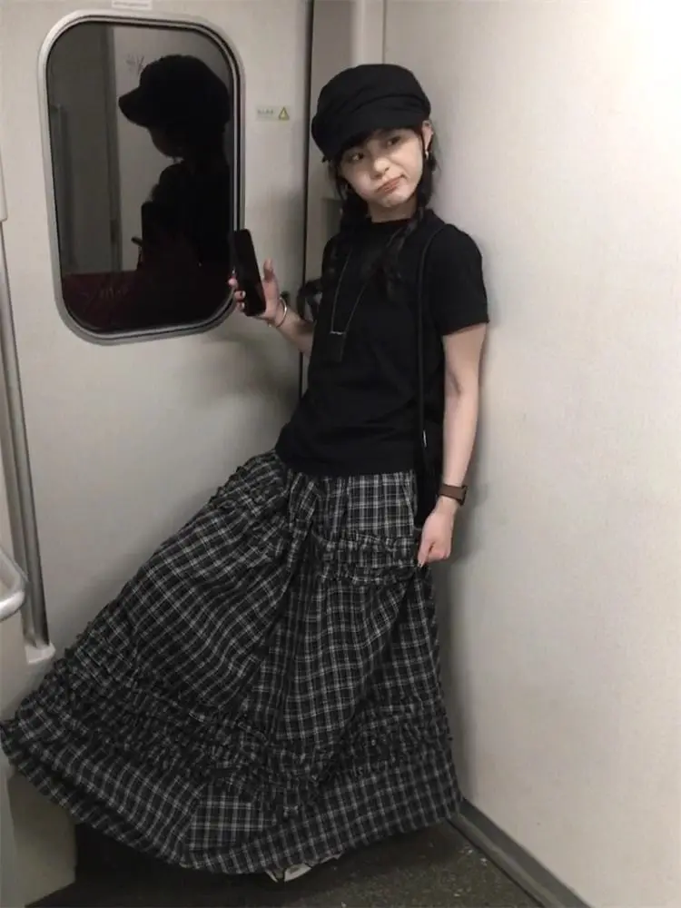 Vintage Casual Elastic Waist Plaid Skirt Summer 2025 Patchwork Thin Long Skirts Women Aesthetic Retro New Design Loose Outfits