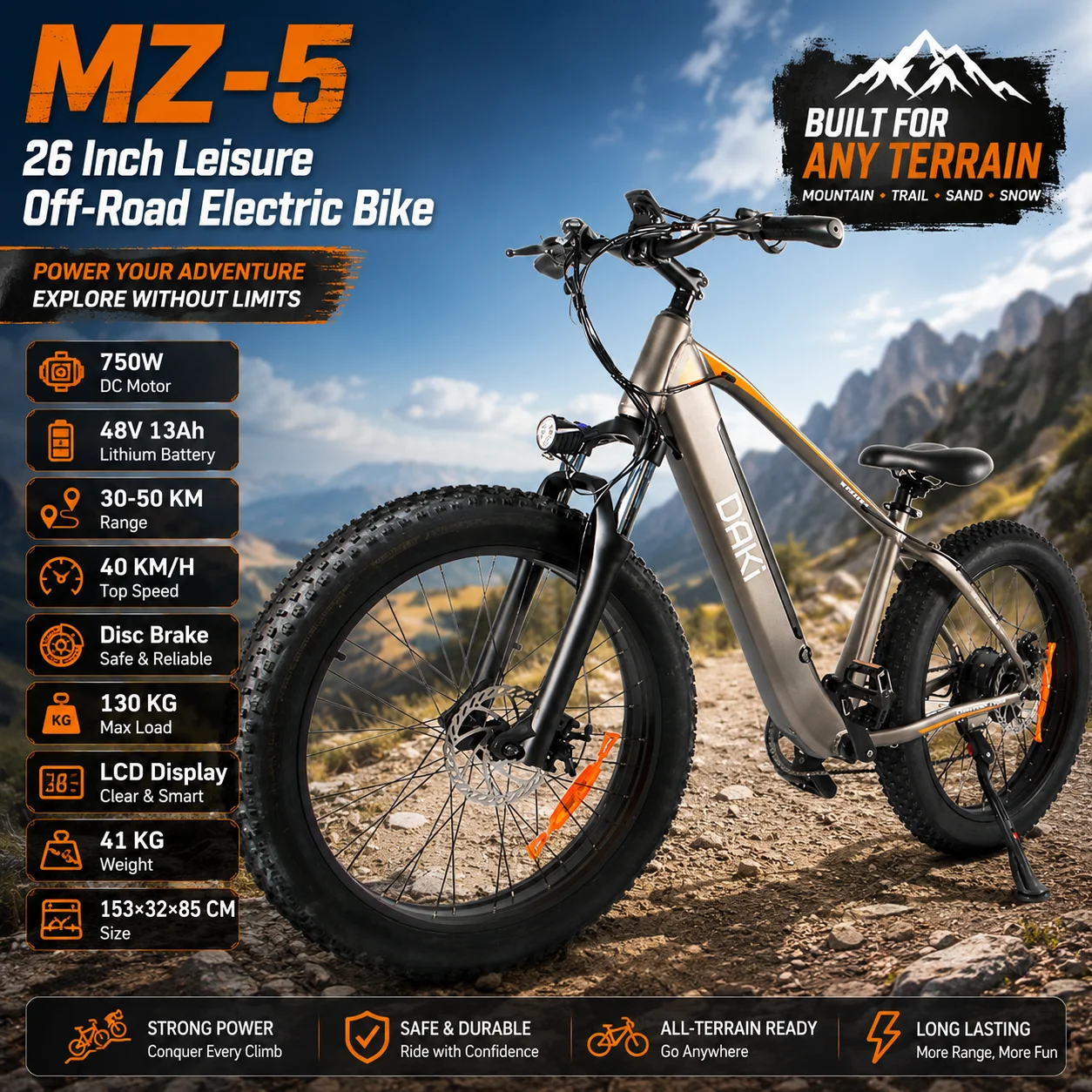 

MZ-5 E-Bike 26 Inch Leisure Off-Road Electric Bike 750W Motor 48V 13Ah Lithium Battery 30-50KM Range Disc Brake LCD Display