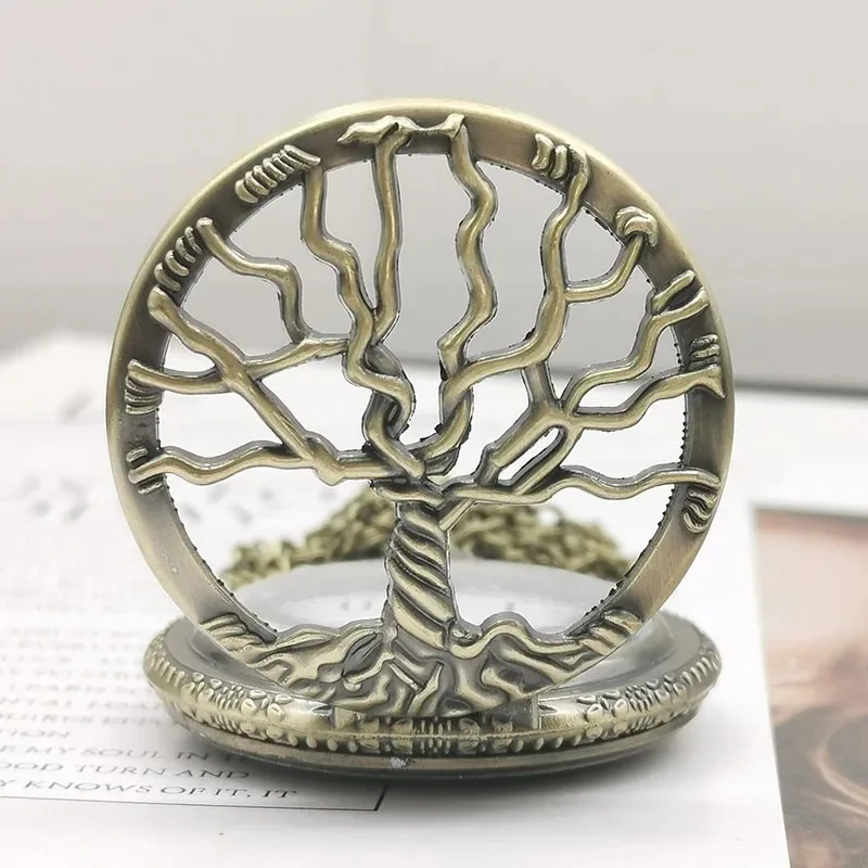 Bronze Hollow Tree of Life Design Pocket Watch Roman Numerals Quartz Pocket Watches with Chain Necklace for Men Women