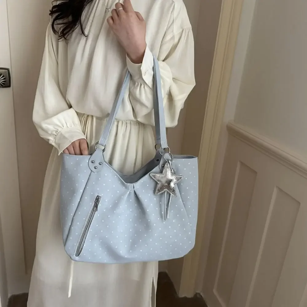 Shoulder Tote Bag Korean Polka Dot Retro Cute Zipper Vintage Large Capacity Underarm Casual Daily New Hot forWomen Shopping Work image 3