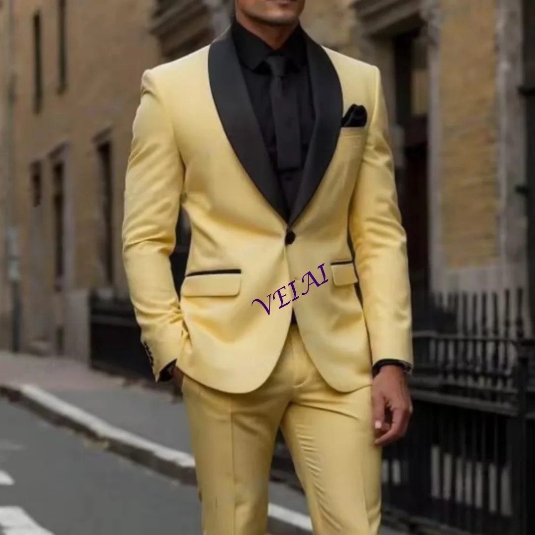 

New Black Lapel Yellow Formal Occasion Men Tuxedos Groom Groomsman Wedding Party Prom Business Male Suit 2 Piece Blaz Customized