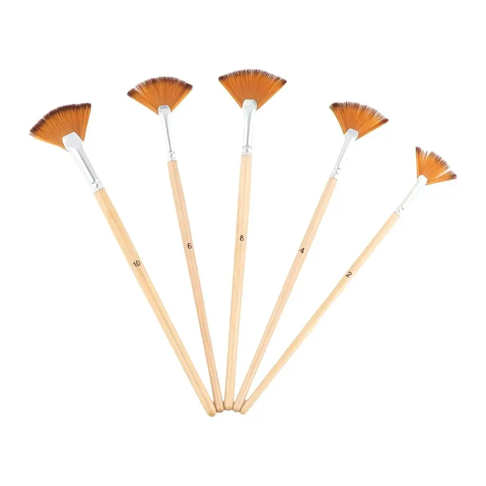 5pcs Acrylic Watercolor Paint Artist Fan Paint Brushes Nylon Hair Painting Tool Different Fan Shape Pens Wooden Brown