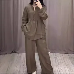 Women's Spring Fall 2 Piece Set Fashion Office Lady Cotton Linen Long-sleeve Casual Pleated Wide-leg Pants Suit Women Clothing