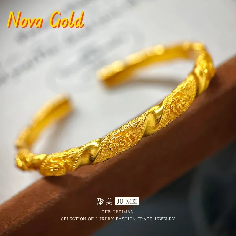 NovaGlod Light luxury niche design vitage retro 24K real gold engraved rose 9999 open bracelet plain ring bracelet gift