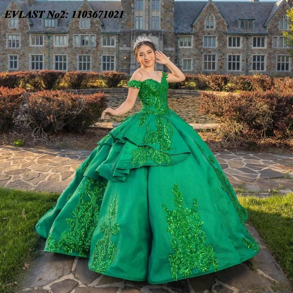 EVLAST ที่กําหนดเอง Dark สีเขียว Quinceanera Ball Gown ลูกไม้ Applique Sequins Beaded Corset หวาน 16 Vestidos De 15 Anos E2Q04