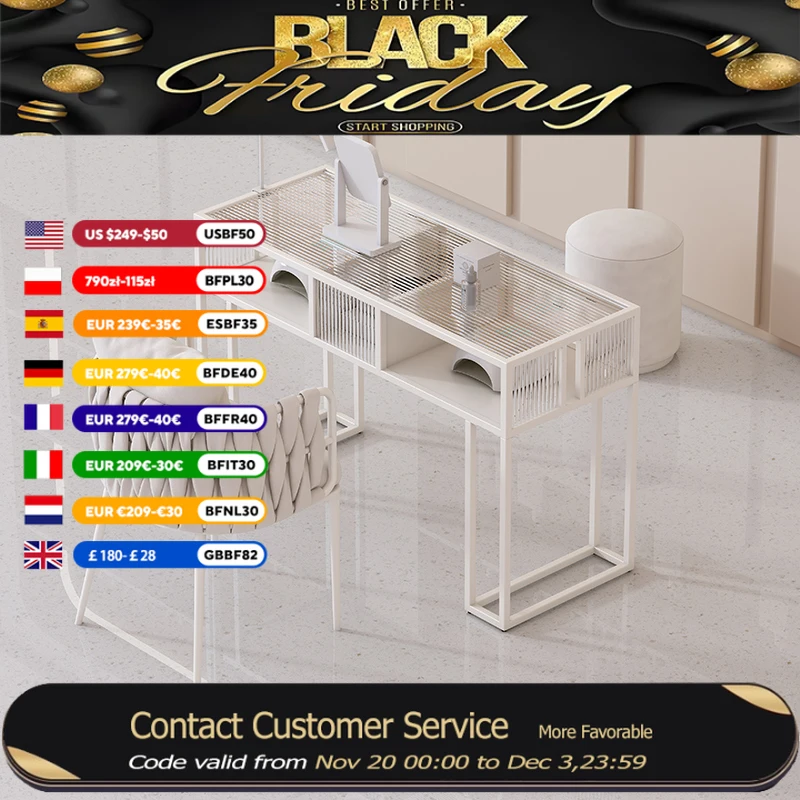 Meja Kuku Profesional dengan Permukaan Kaca, Desain Modern Mewah Putih untuk Salon Kecantikan, Furnitur Salon untuk Manikur