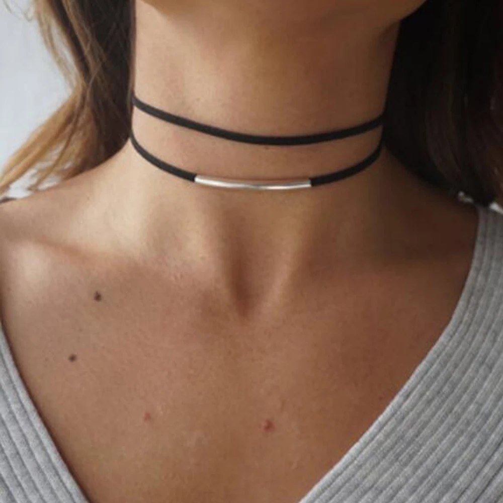 2019 New Fashion Bending Tube Velvet Choker Necklace Double Layer Style Torque Black Short Leather Necklace Charm Collier Femme