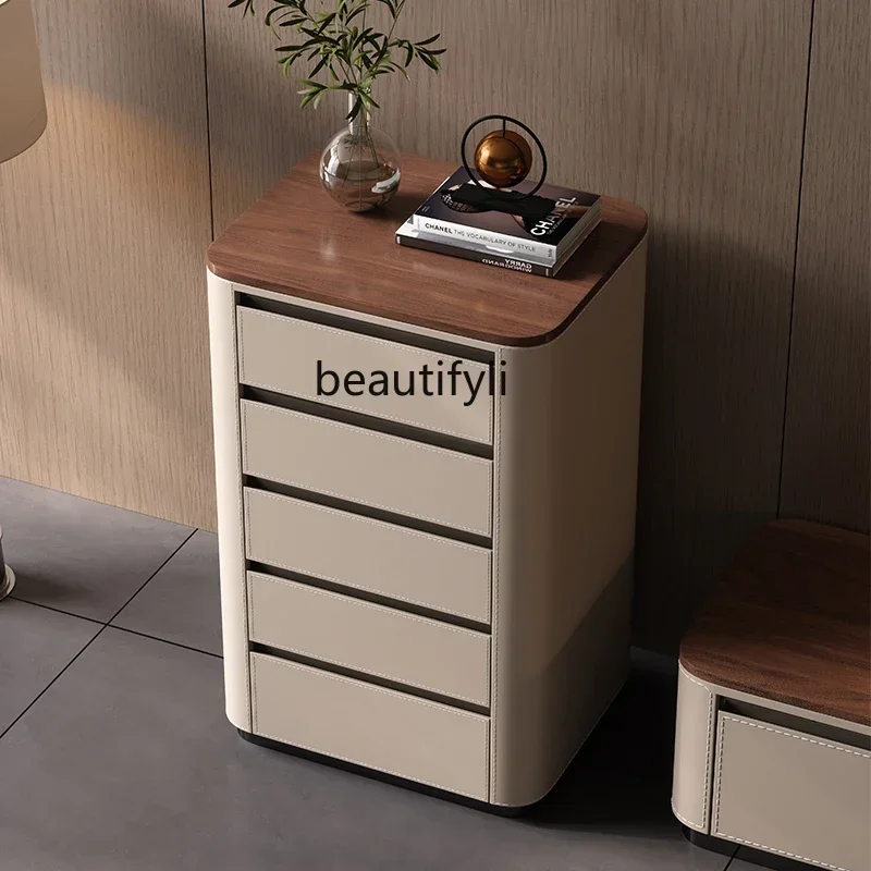 G Walnut saddle leather chest solid wood bedside high-end bedroom storage cabinet