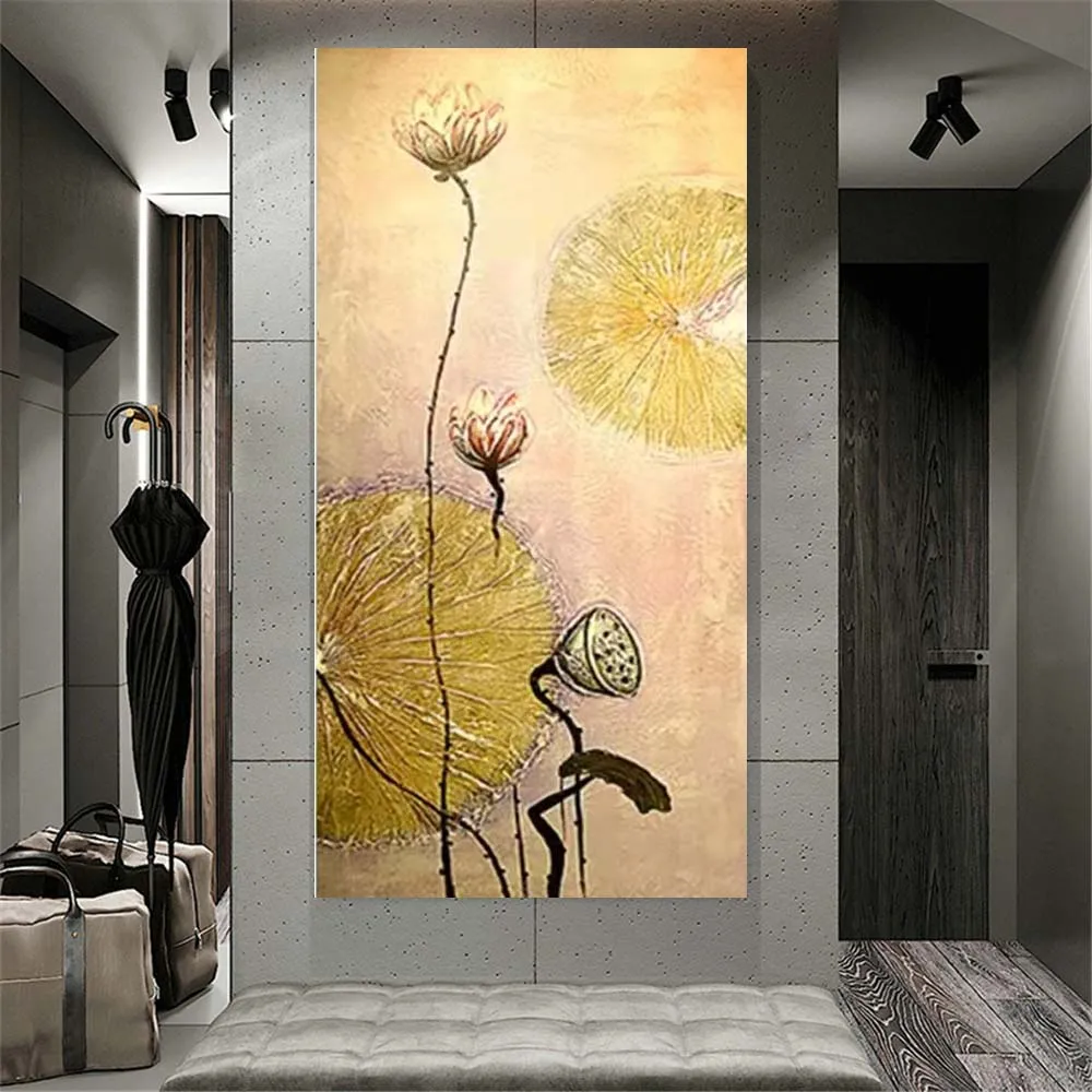 

100% Handmade Gold Foil Flowers Pictrue Golden Texture Canvas Paint Classical Oil Painting Decor Living Room Porch Aisle Artwork