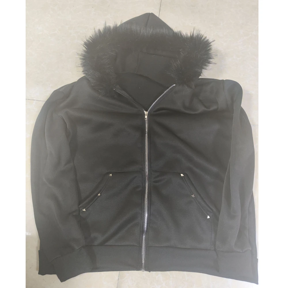 

Модная женская толстовка с капюшоном на молнии, с плюшевым воротником, металлическими стразами, в стиле стритстайл, темная