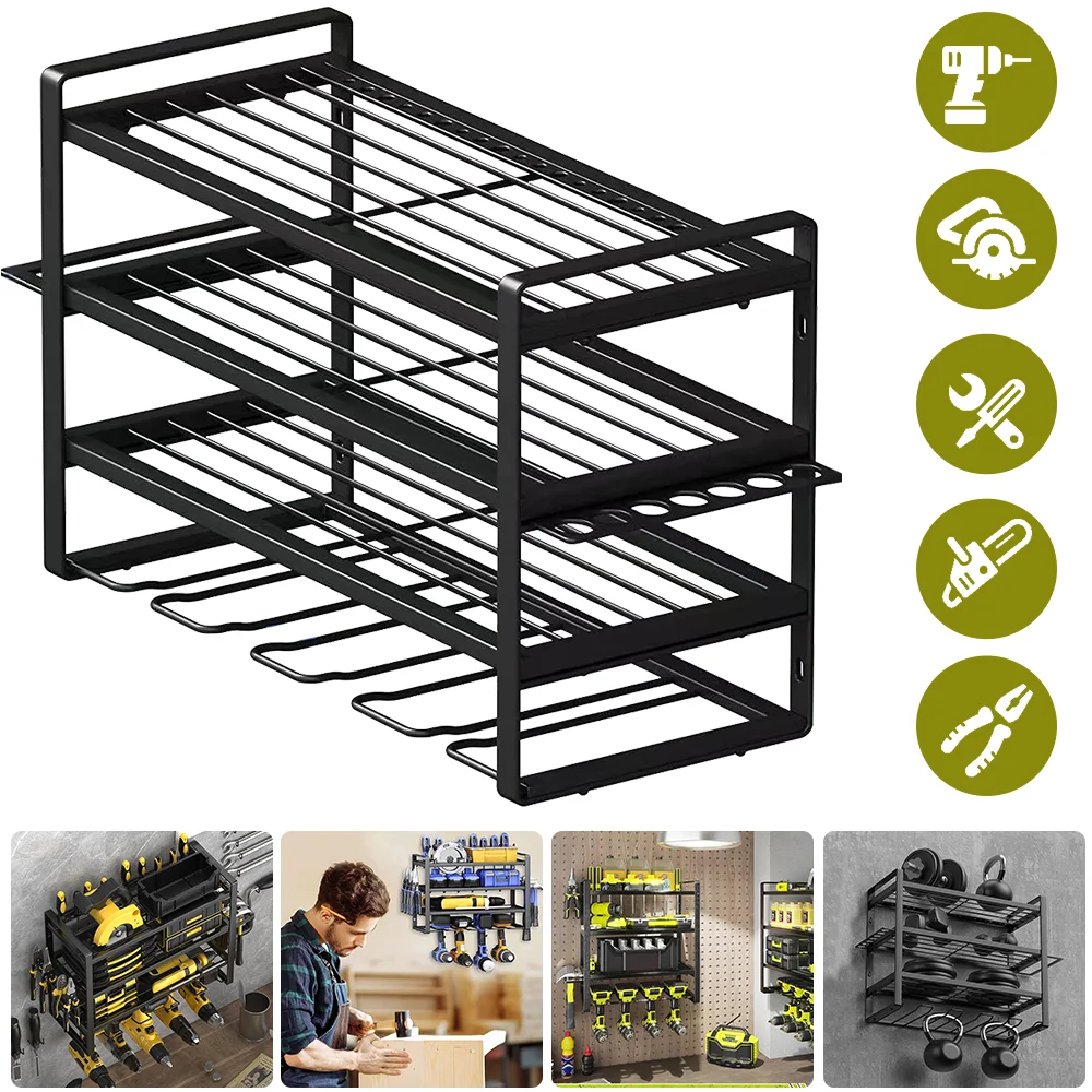 Estante para herramientas eléctricas de 4 niveles, soporte para taladro eléctrico, montaje en pared, organizador de herramientas eléctricas, llave de taller, destornillador, estante de almacenamiento de energía