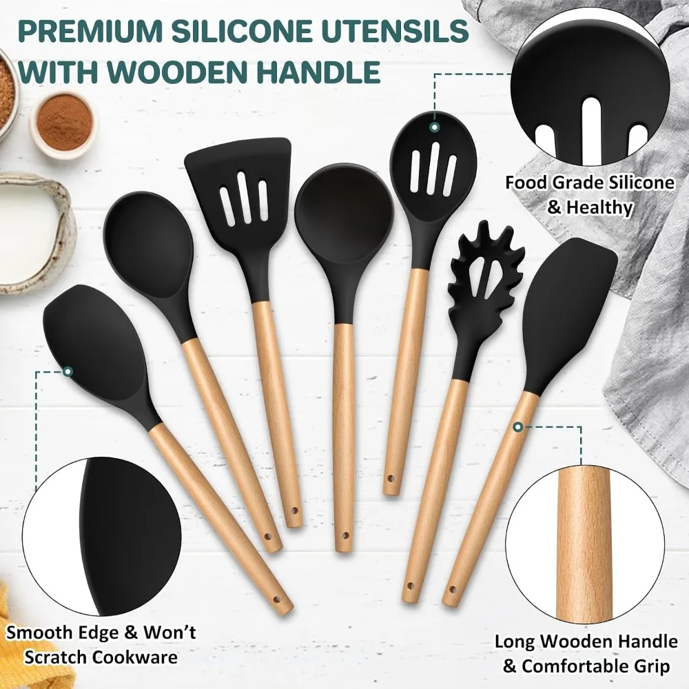 7-Piece Silicone Kitchen Utensils Set with Wooden Handles, Heatproof Cooking Tools for Turning, Mixing & Serving, Non-Stick Safe Black view 3