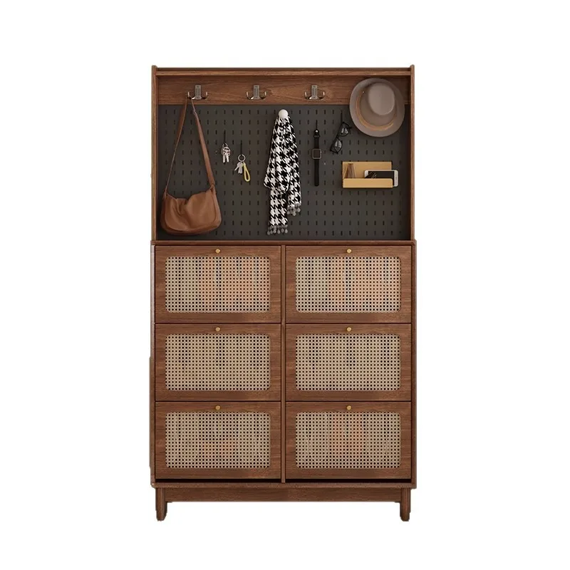 Walnut ultra-thin tipping bucket shoe cabinet, extremely narrow shoe cabinet against the wall at the door of the home