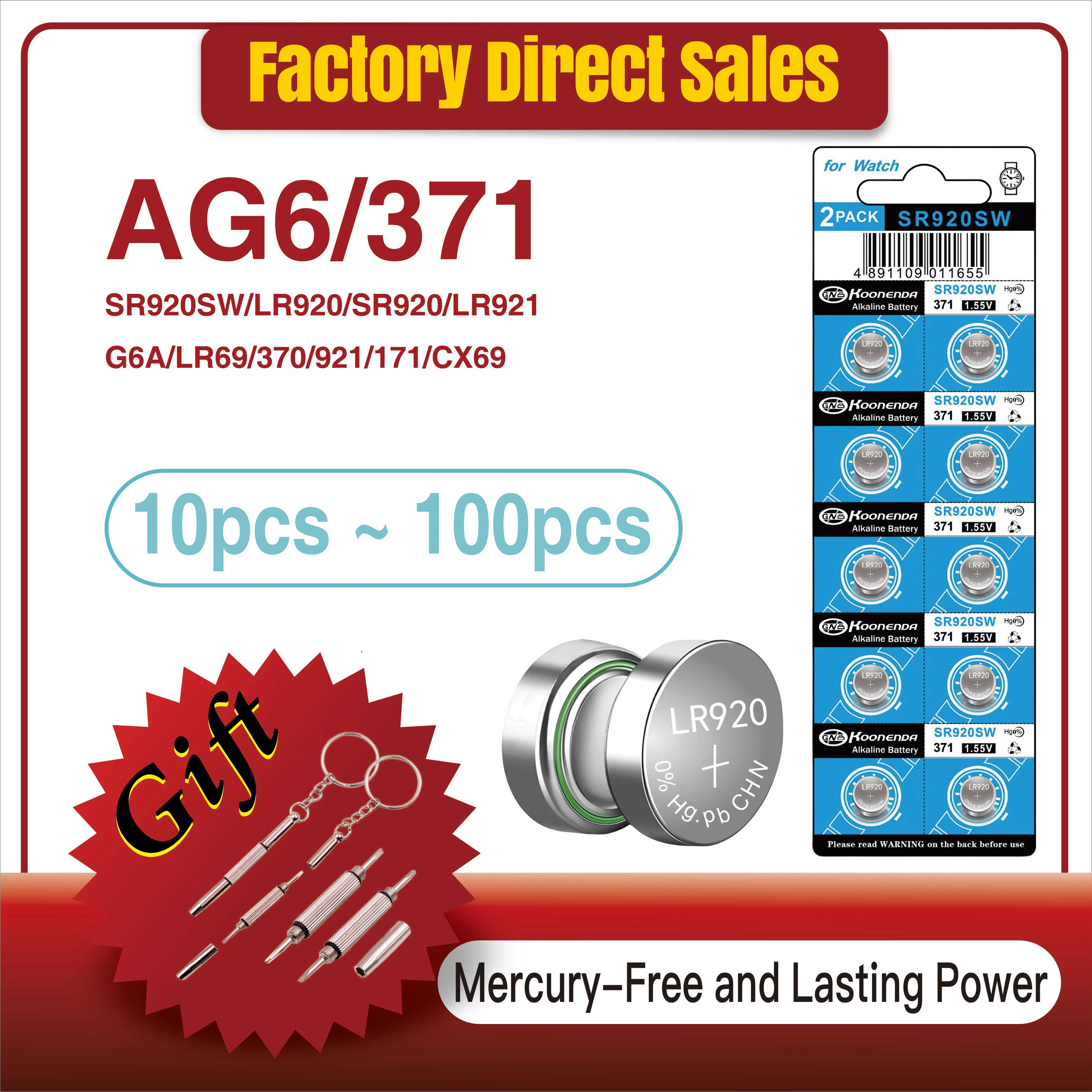 

10-100PCS LR920 AG6 Button Batteries SR920SW 371 370 LR69 LR921 G6A SR920 1.55V Alkaline Coin Cell Silver Oxide Watch Battery