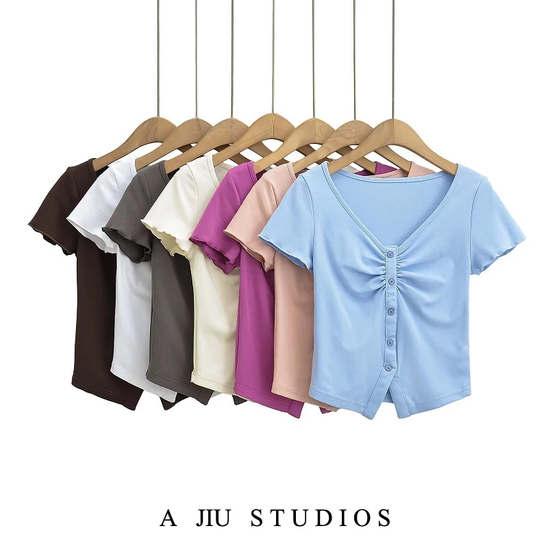 T-shirt coupe cintrée pour femmes, ort Sve v-ne, ourlet plissé, bouton, Design américain, fille chaude, ventre, haut de rue, été
