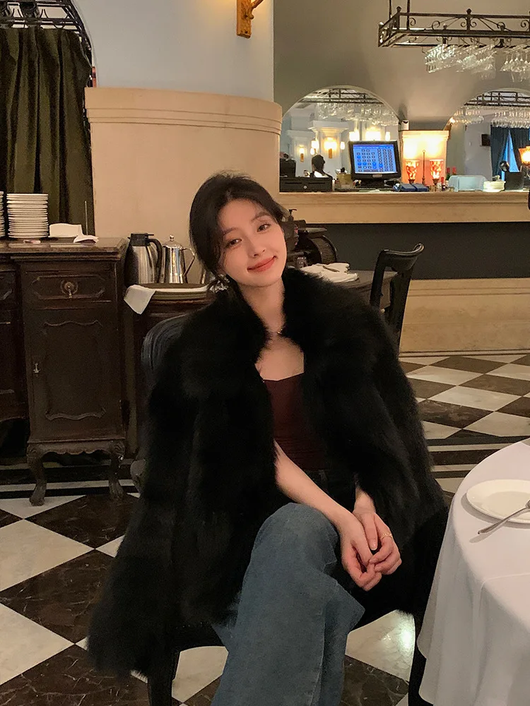 Women Faux Fox Fur Coats Solid Short Jackets Long Sleeves Turn Down Collar Open Stitch Loose Elegant Casual 2026 Autumn Winter