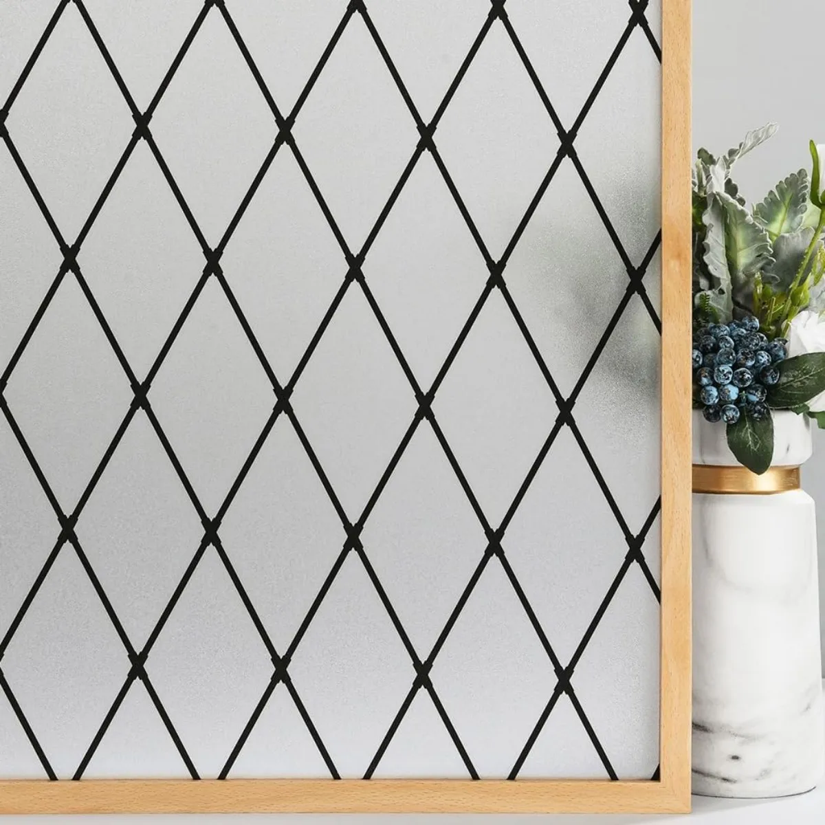 Frosted Black Lattice Static Cling Privacy Window Film, UV Blocking Decorative Vinyl for Windows