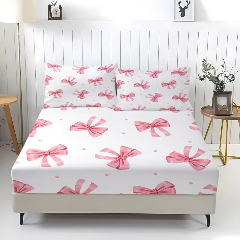 Pink Ribbon Bow Polka Dot Fitted Sheet Set 3 Pieces White Base Watercolor Pattern Bedding Soft Microfiber Cute Girl Room Decor
