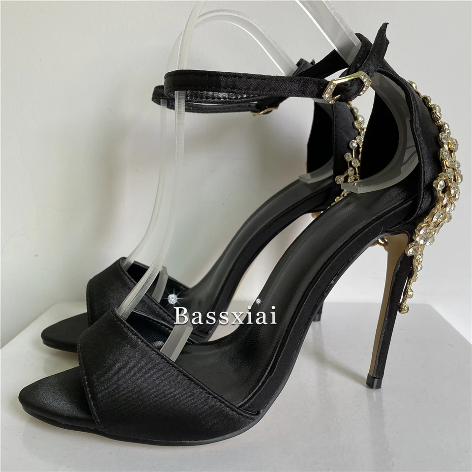 Luxury Satin One-Strap Sandals Women Summer 10cm Thin High Heels With Crystal Metal Decor Party Shoes 2024