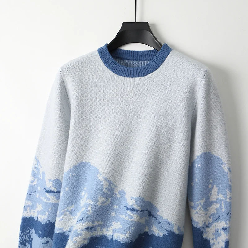 

100% Pure Wool Men's Round Neck Thick Jacquard Sweater Loose Knit Bottoming Shirt Retro Contrast Cashmere Sweater