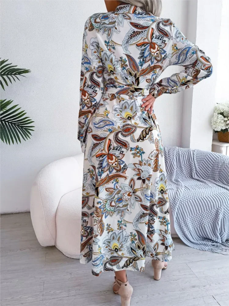 Primavera verão feminino nova moda retro impresso flor colarinho cinta botão camisa saia casual confortável saia longa