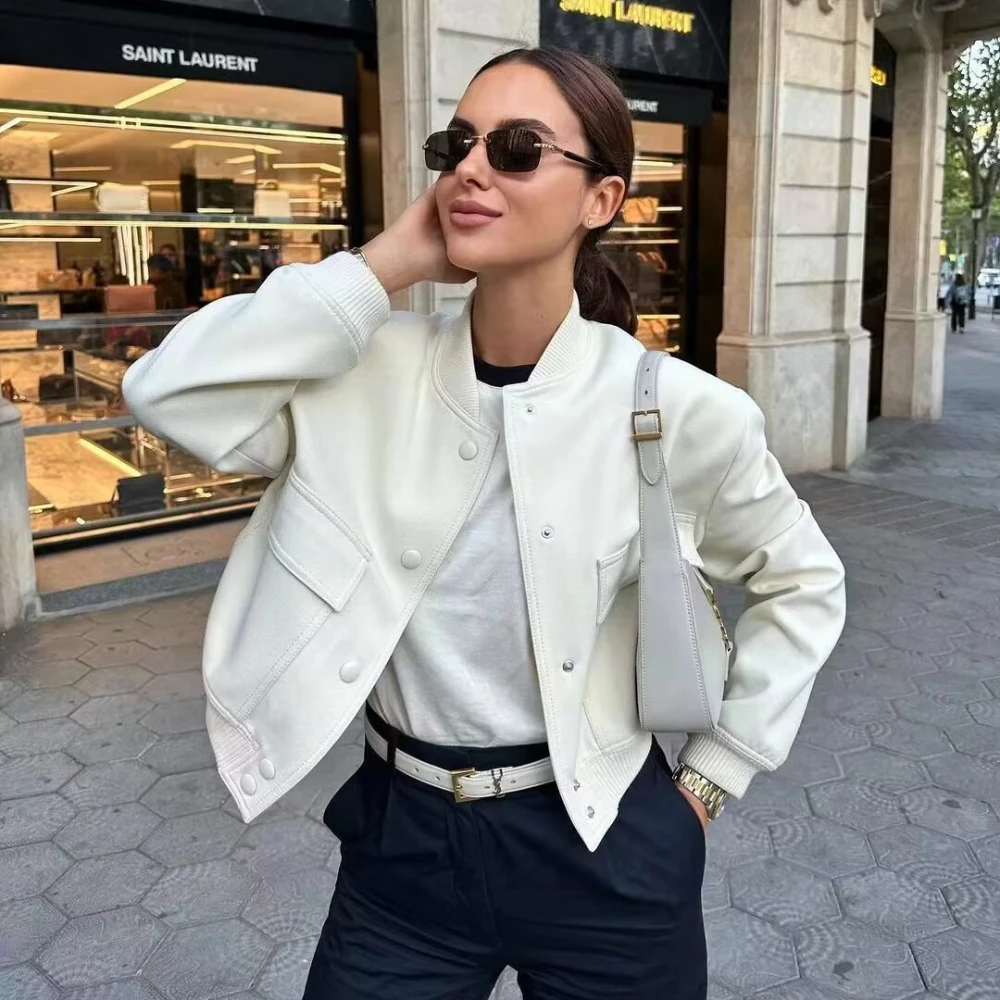 

Fashion Bomber Jacket Coat Women Casual With Pockets Single Breasted Long Sleeve Jackets 2025 New Autumn Boyfriend Style Outwear