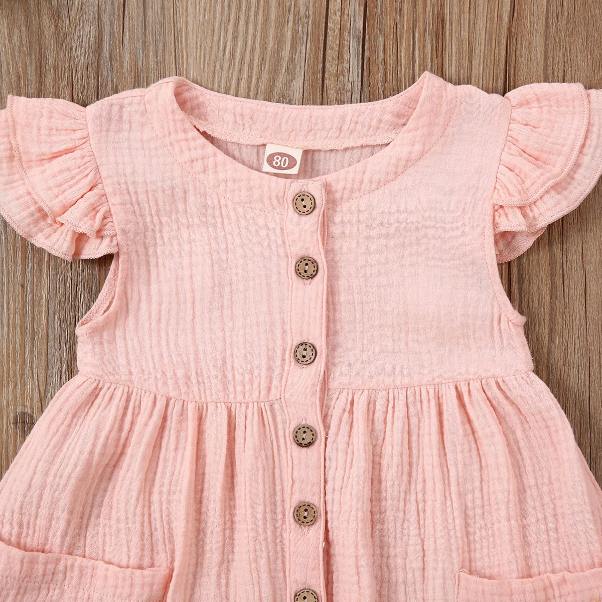 2020-03-31 Lioraitiin 0-6Years Toddler Kid Baby Girl Summer Dress Ruffles Sleeves Cotton Button Pocket Dress Sundress Clothes