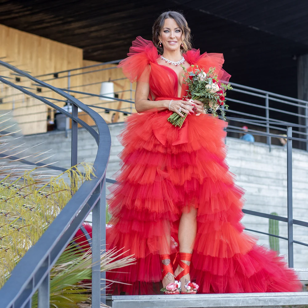 Alta baixa decote em v mangas alargadas uma linha vestido de cocktail de noite personalizado em camadas tule luxo princesa tutu baile de formatura vestido