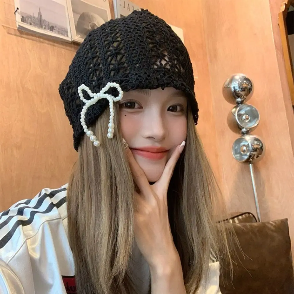 Breathable Cotton Knitted Hat Lace Handmade Beret Cap Hollowed Out Casual Bow Hat for Women